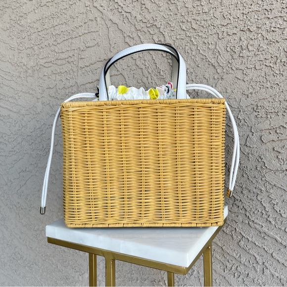 KATE SPADE Wicker Rattan Lemon Zest Printed Woven Picnic Satchel Box Bag - Picture 8 of 16